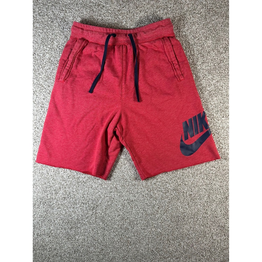Nike Sportswear Mens Small Red Heather Fleece Futura Logo Raw Hem Gym Shorts